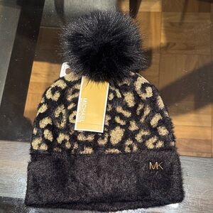 Michael Kors Leopard Print Beanie with Pom-Pom